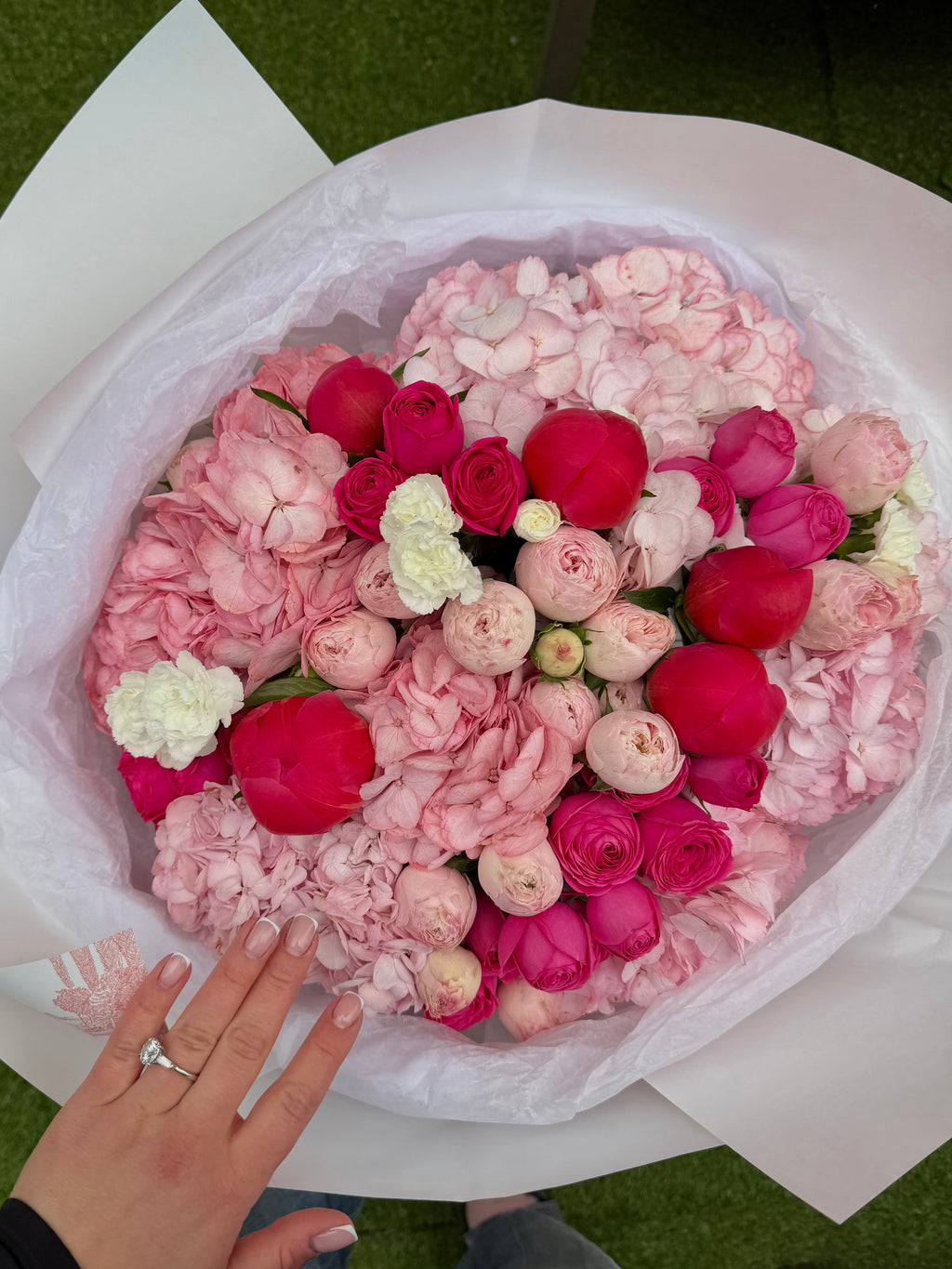 Mix bouquet of pink hydrangeas, peonies & carnations