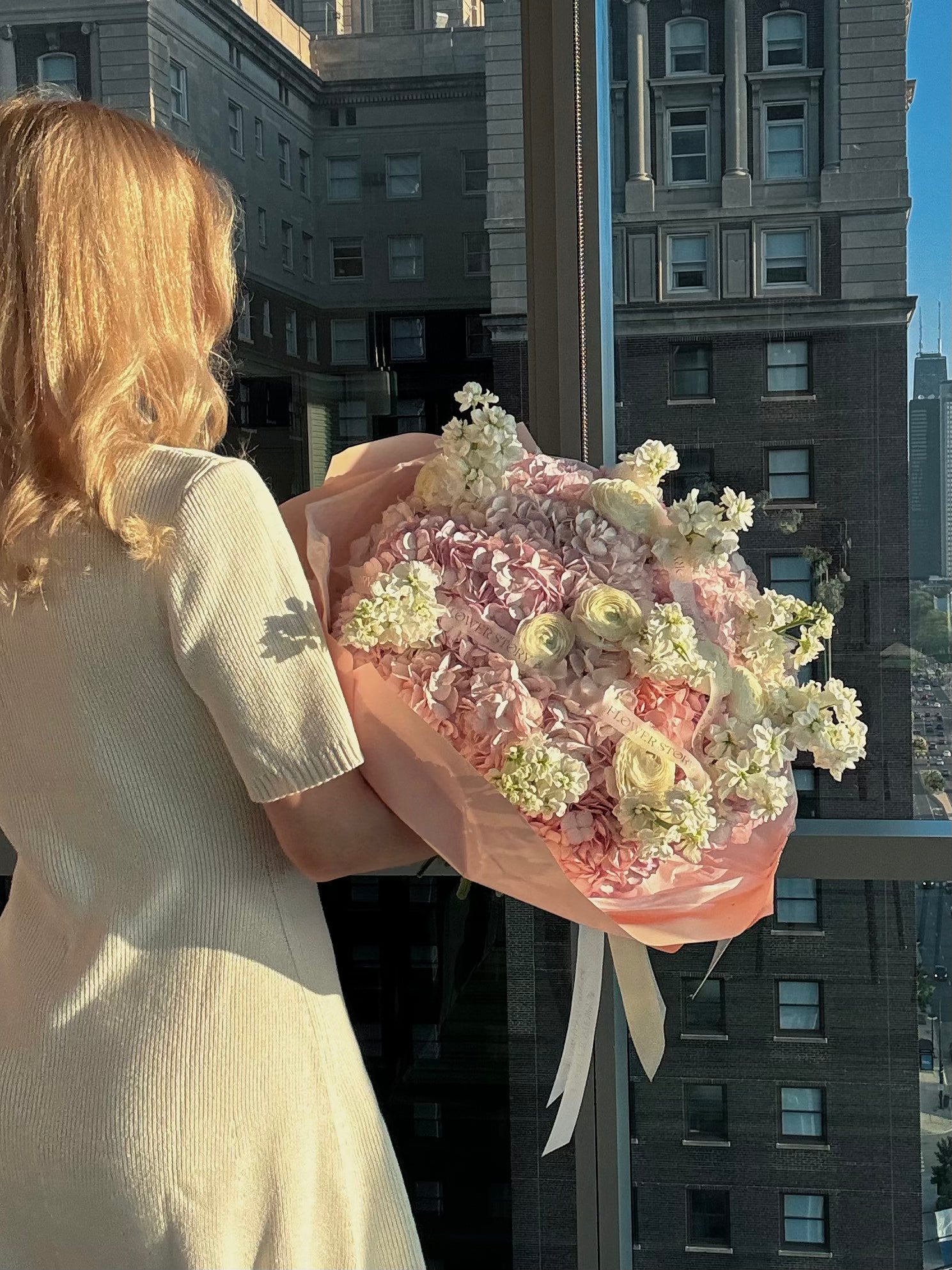 Mix bouquet with hydrangeas, stocks and ranunculus.