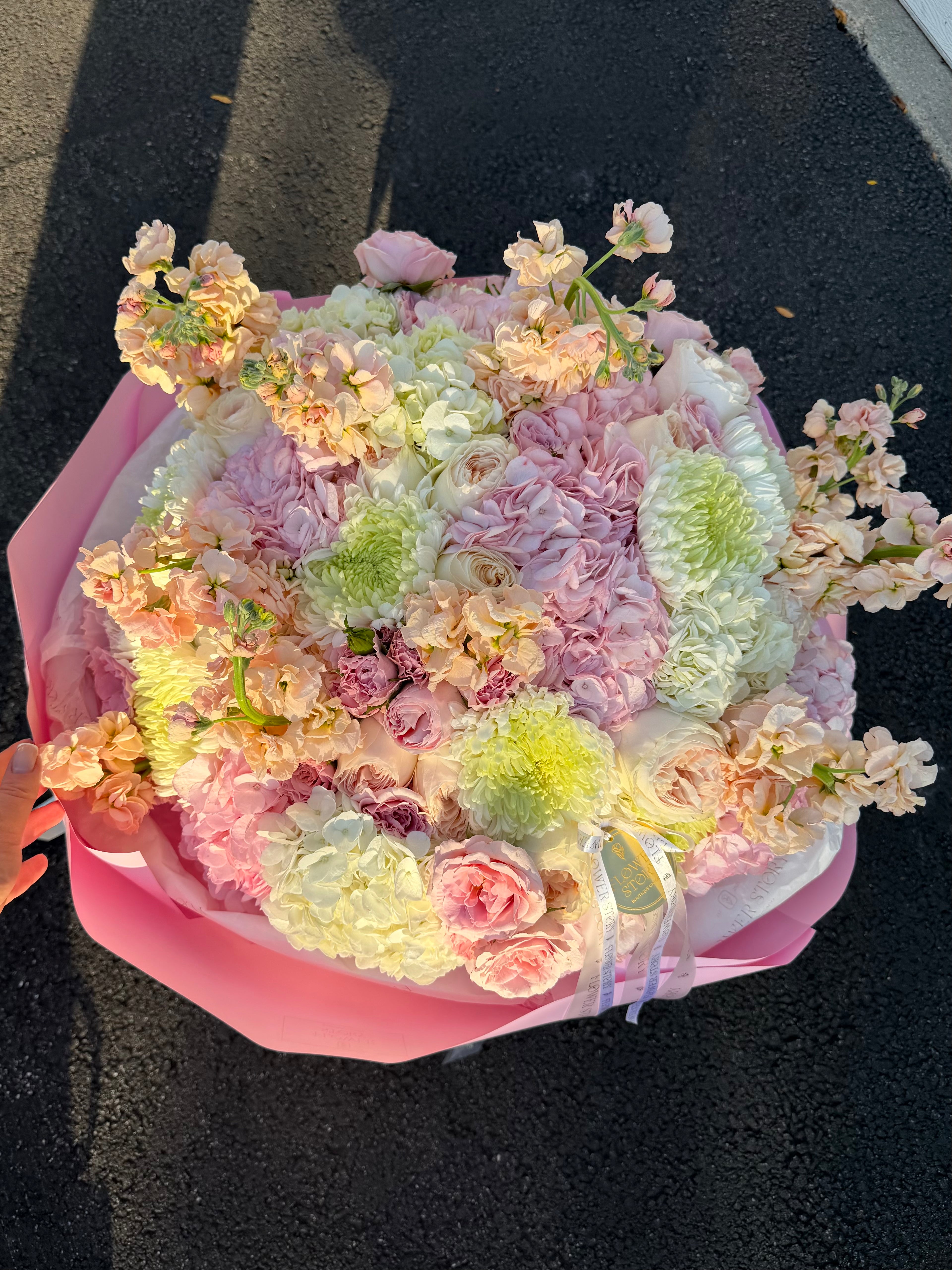 Elegant mixed bouquet with hydrangea, chrysanthemum & stocks