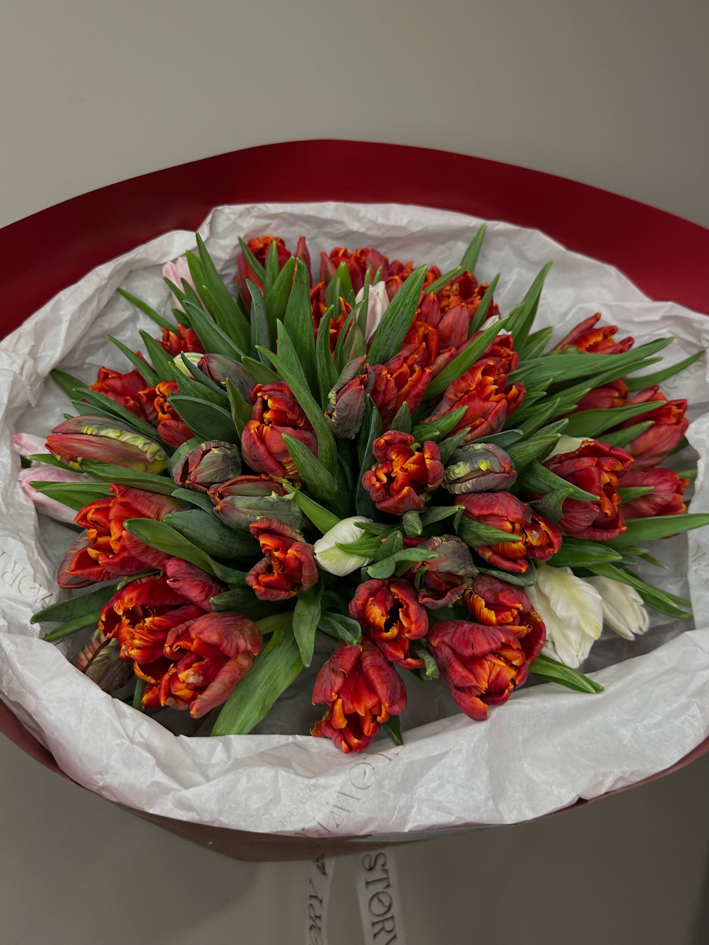 Mono bouquet of red tulips