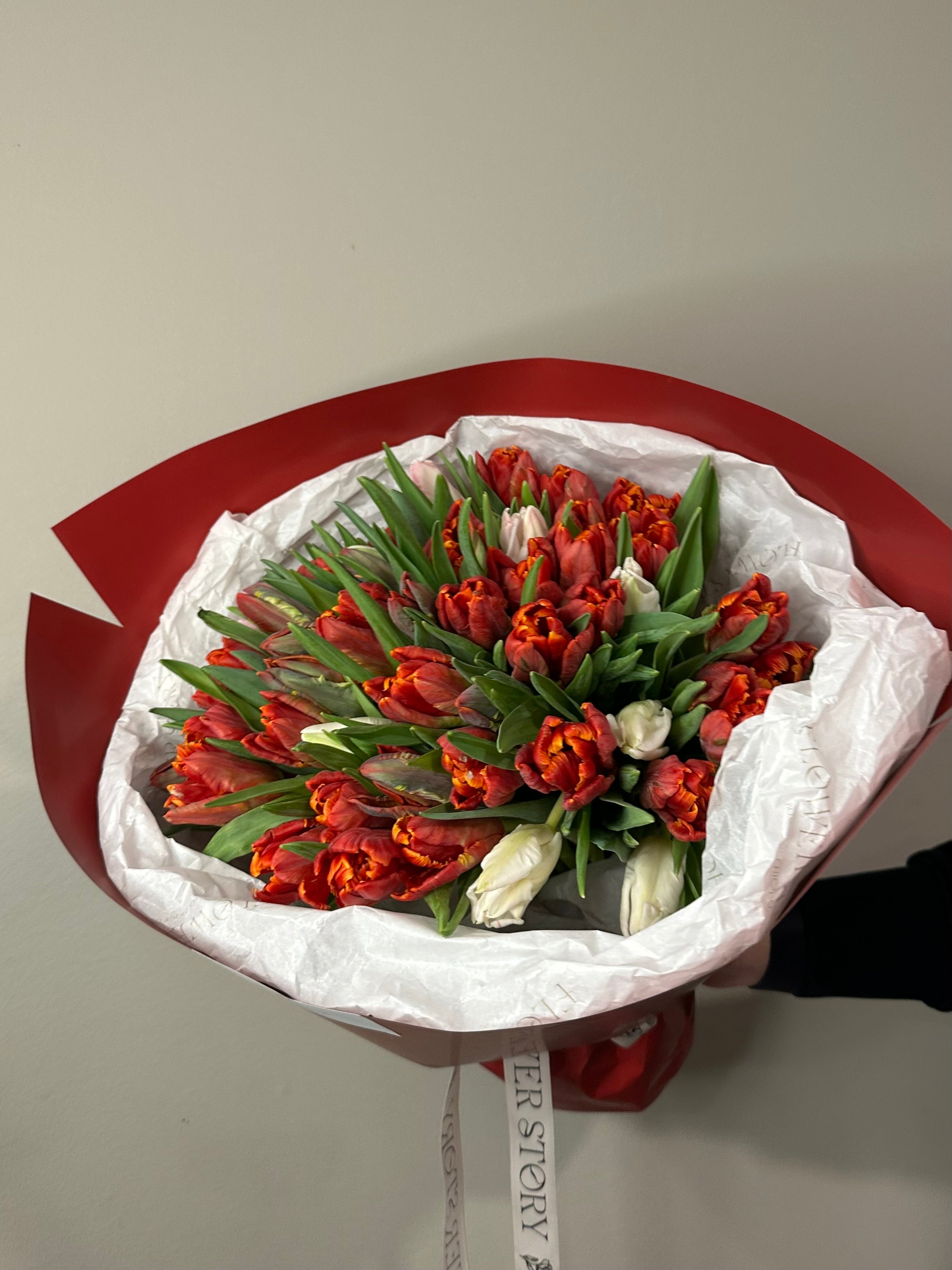 Mono bouquet of red tulips