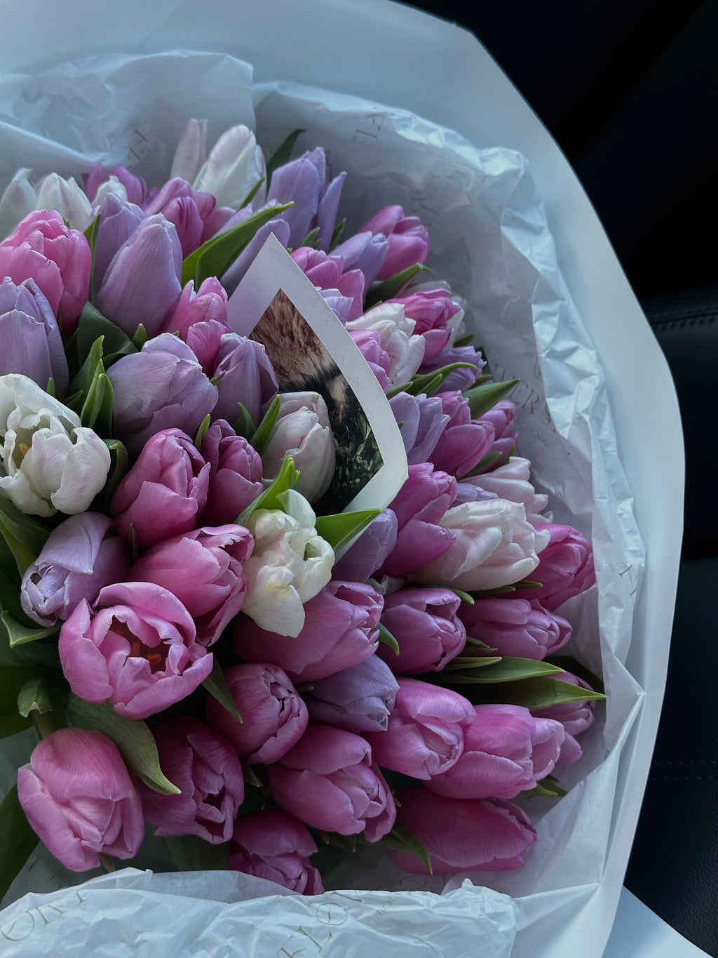 Mono bouquet of white & purple tulips