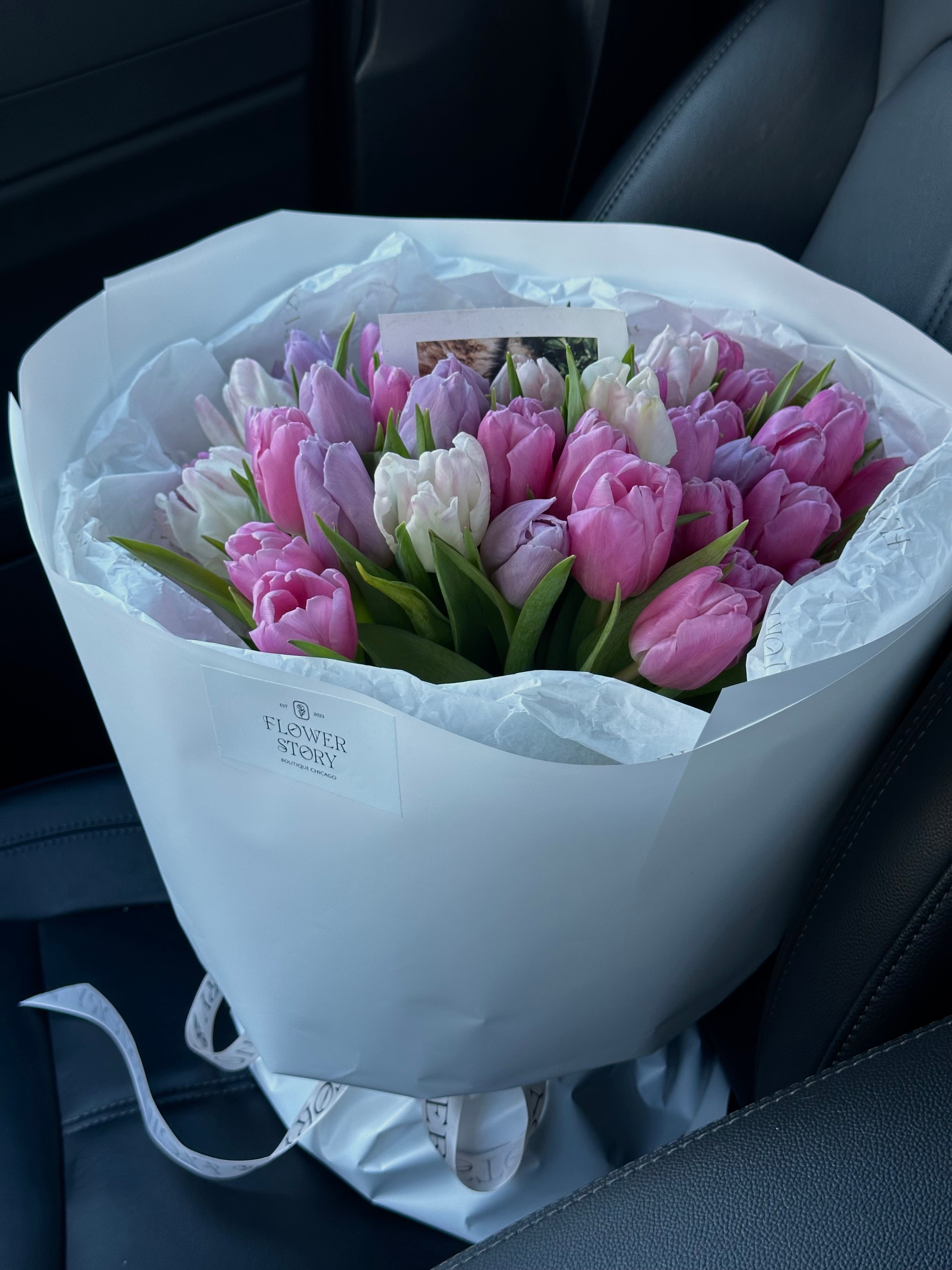 Mono bouquet of white & purple tulips