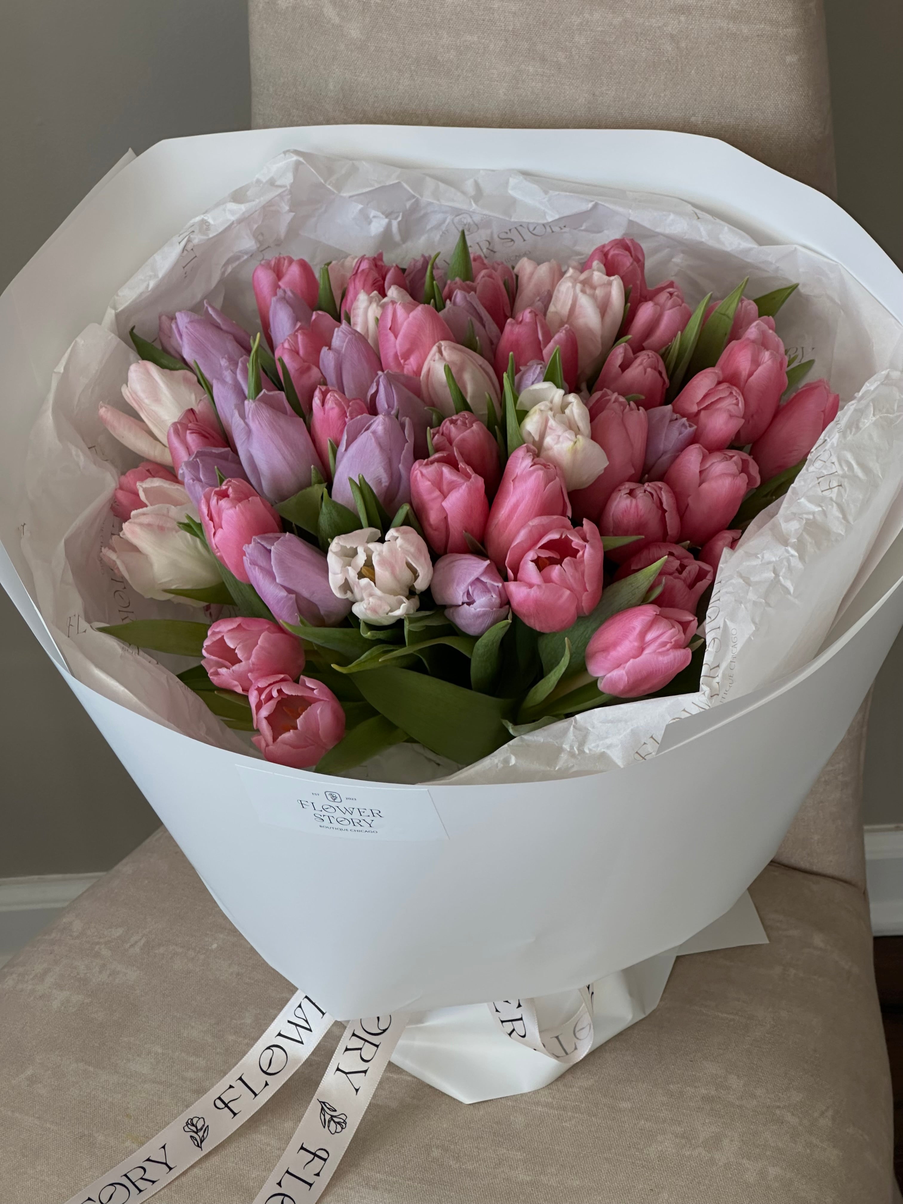 Mono bouquet of white & purple tulips