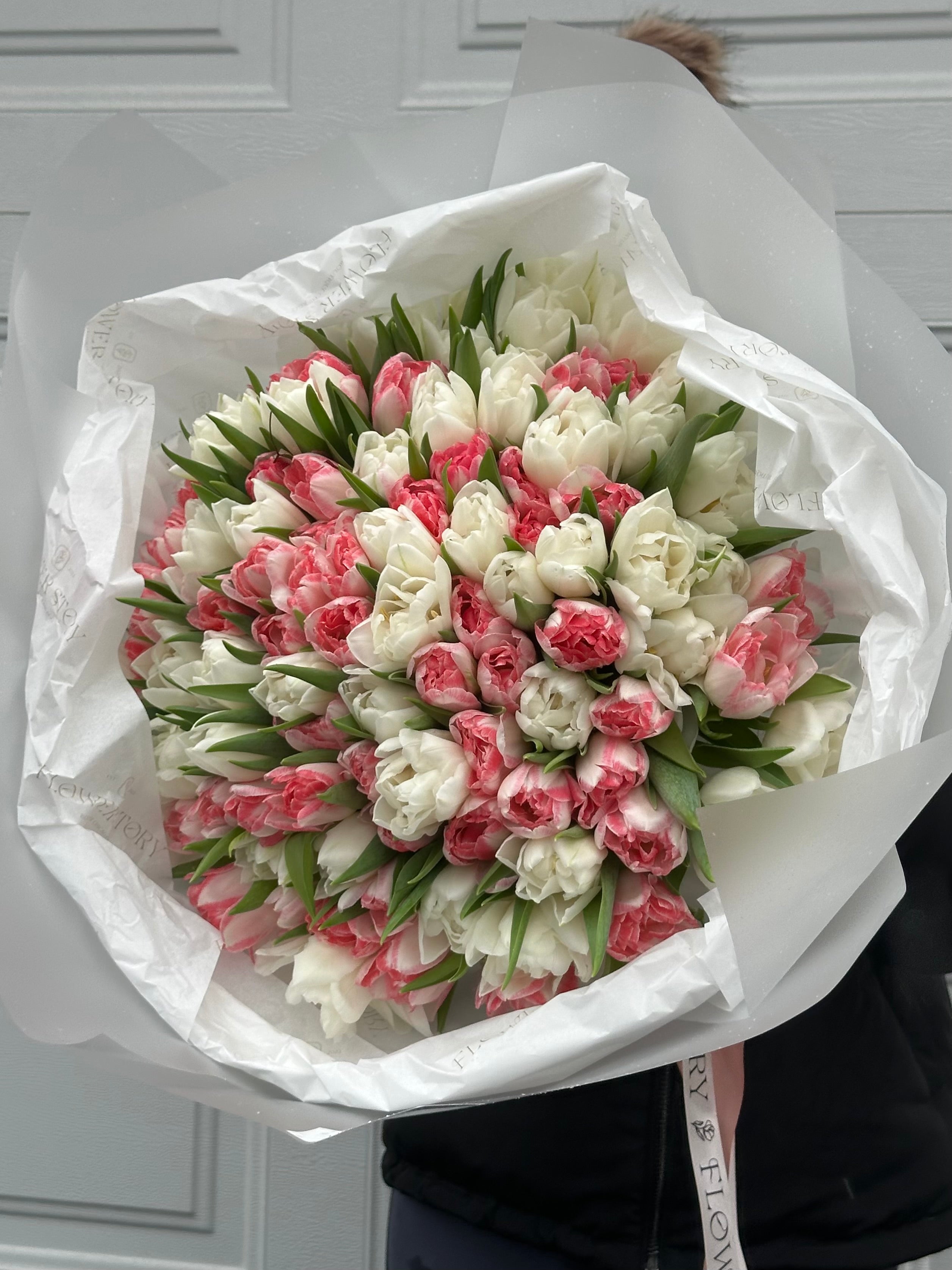 Delicate bouquet of white & pink tulips