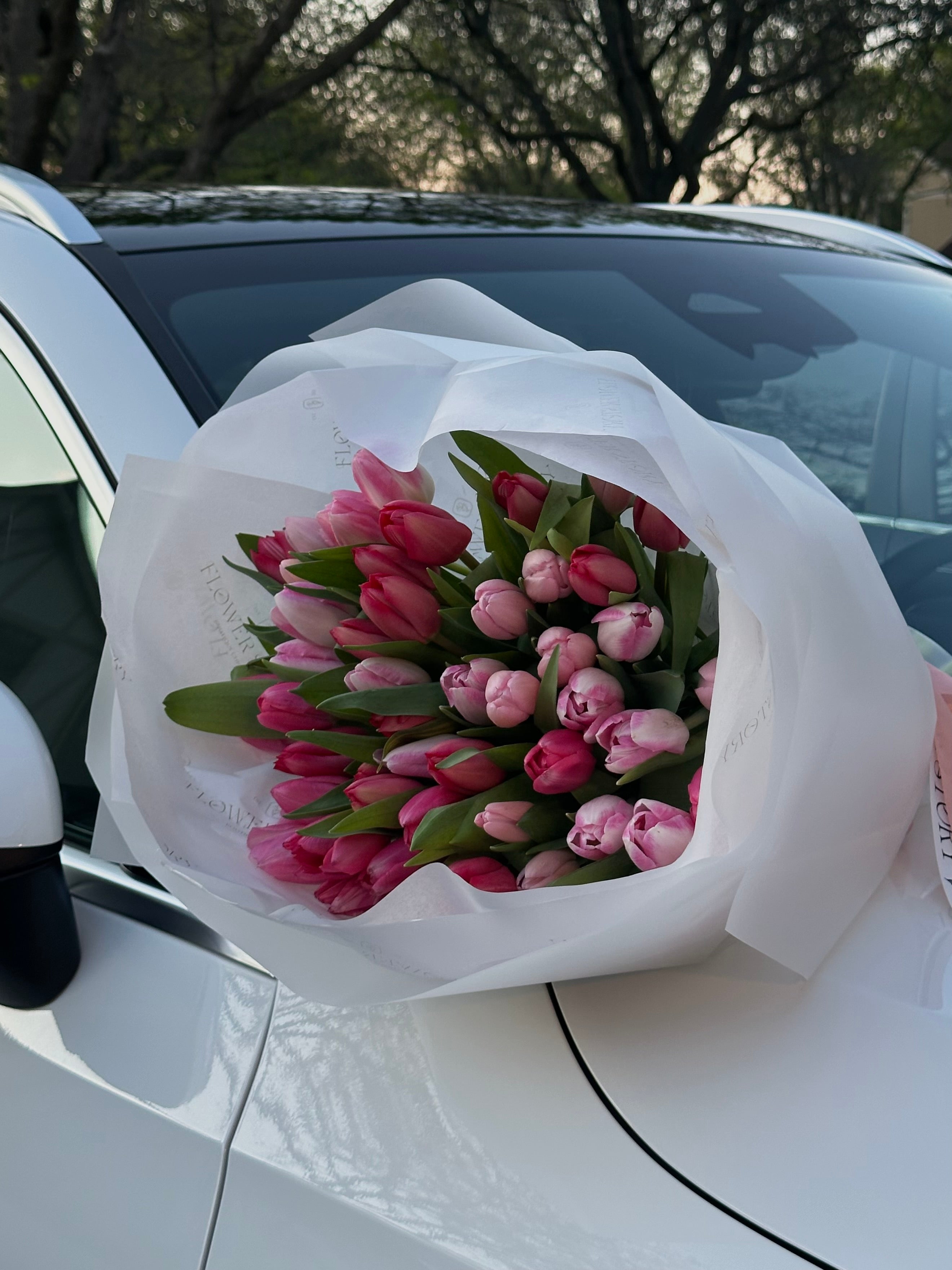 Mono bouquet of pink tulips