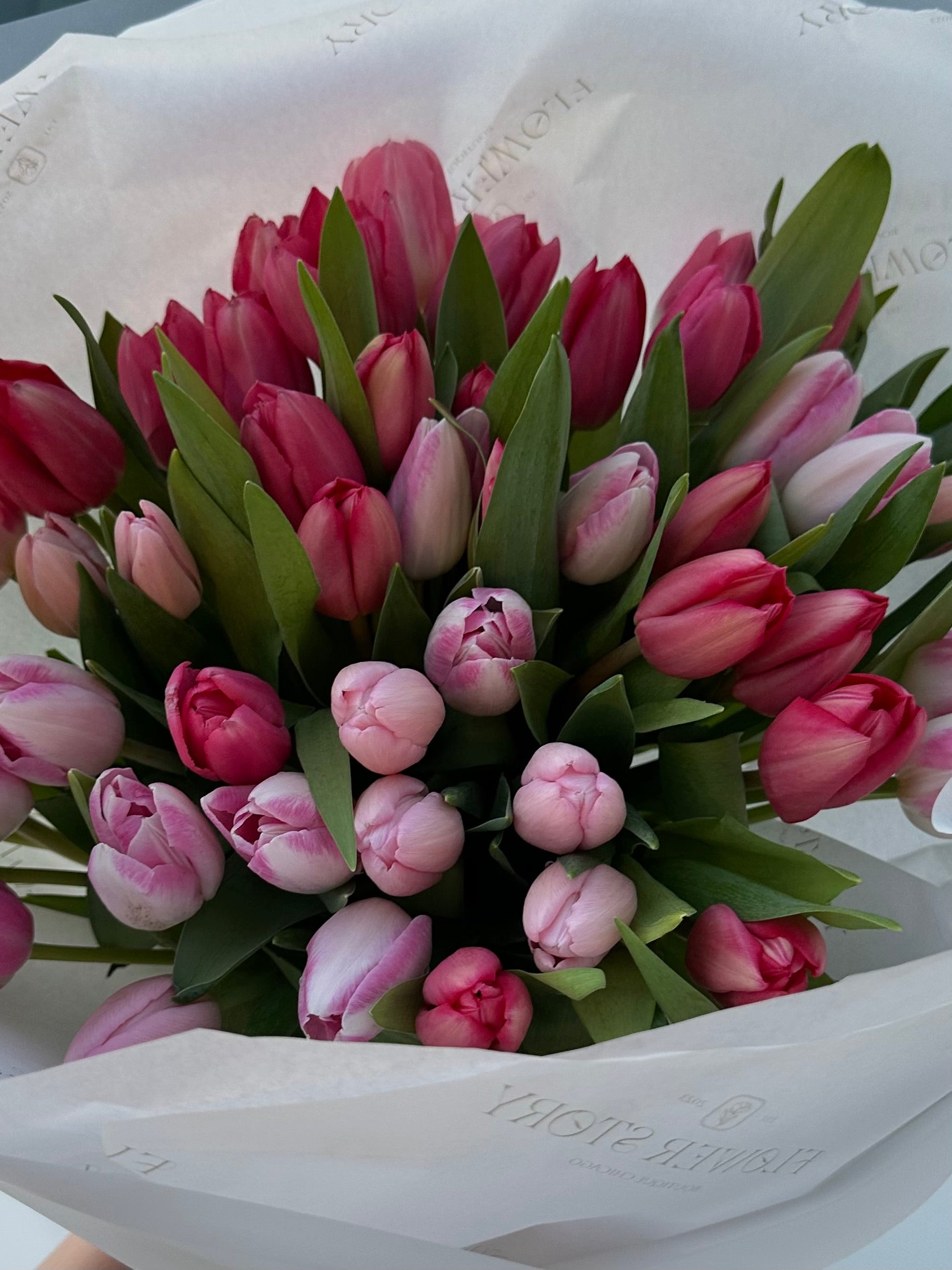 Mono bouquet of pink tulips