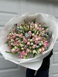 Mono bouquet of 100 white & pastel pink tulips