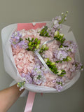 Mix bouquet with pink hydrangeas & purple stocks