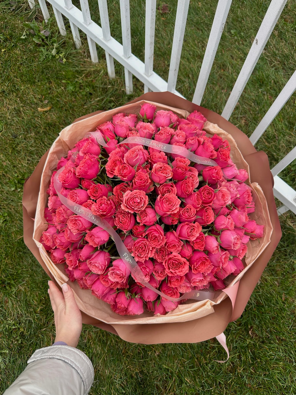 Lush mono bouquet of raspberry spray roses