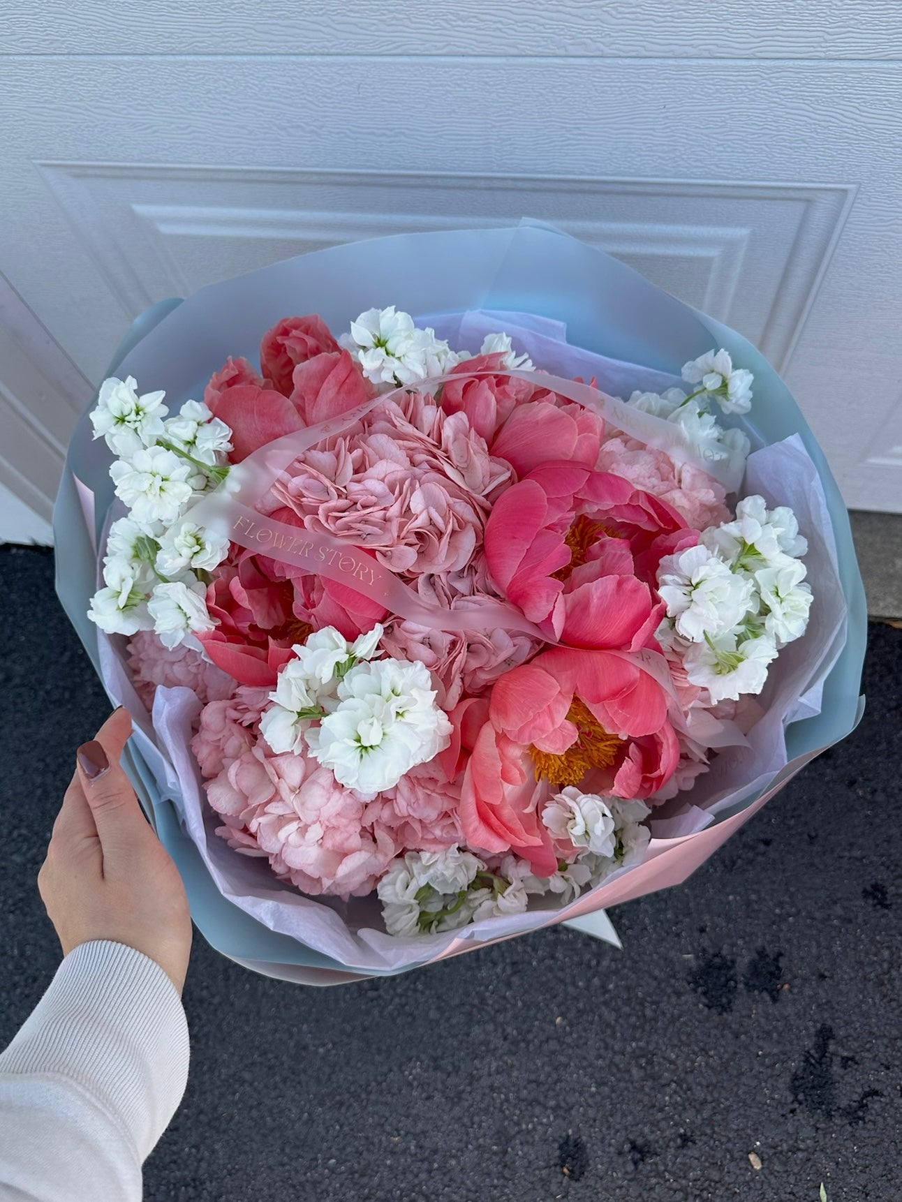 Mix bouquet with Coral Charm peonies, hydrangeas & stock