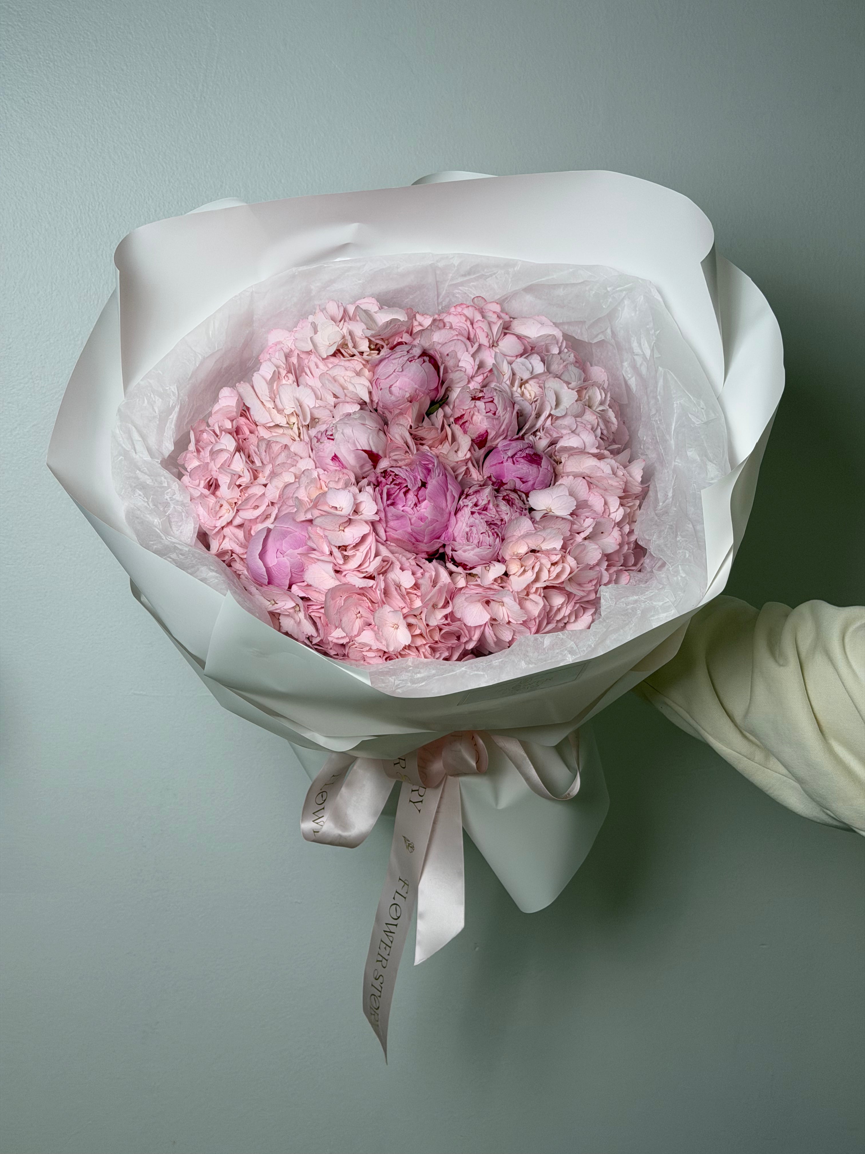 Pink mixed bouquet with pink peonies & hydrangeas