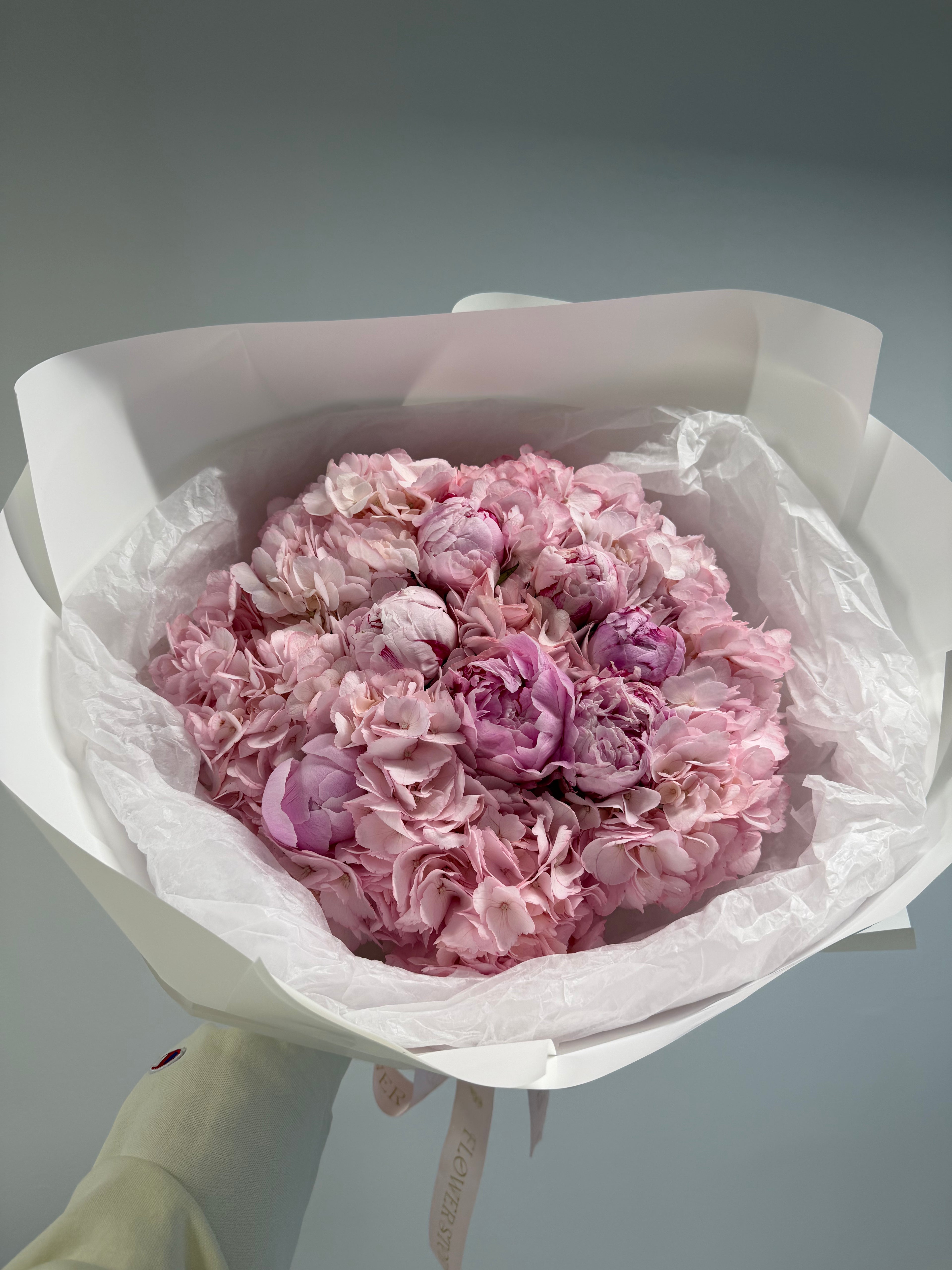 Pink mixed bouquet with pink peonies & hydrangeas