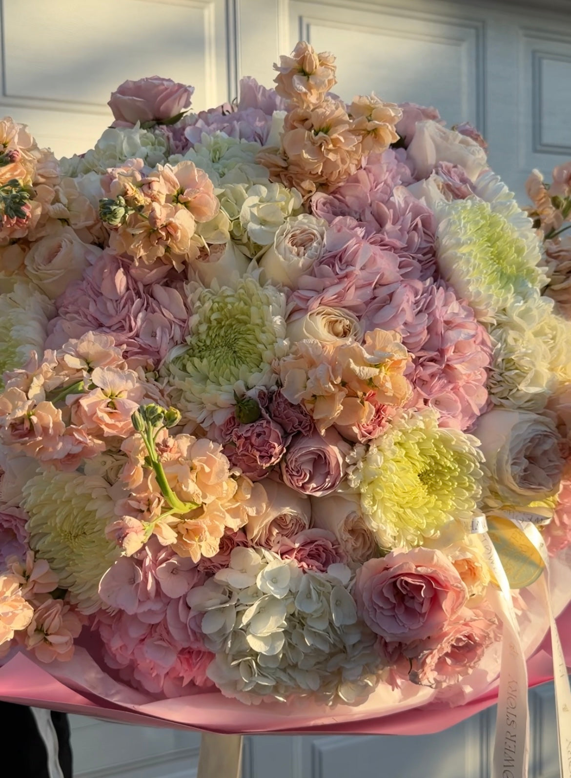 Elegant mixed bouquet with hydrangea, chrysanthemum & stocks