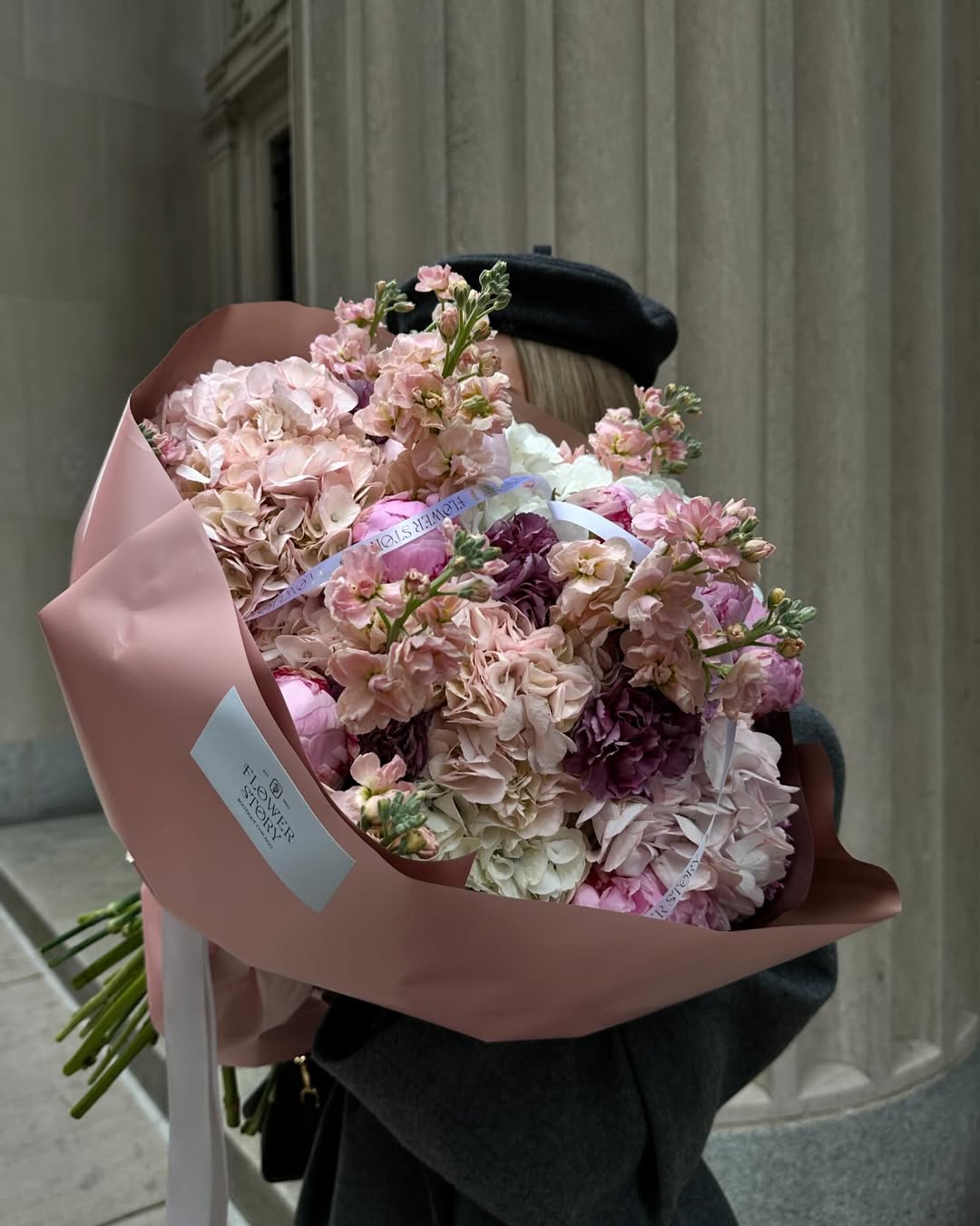 Mix bouquet of stock, peonies & hydrangeas